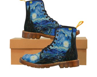 Vincent Van Gogh's Starry Night Womens Canvas Boots ,All over aesthetic Art Women's Canvas Boots ,Vegan Leather Boots,Abstract Art Boots