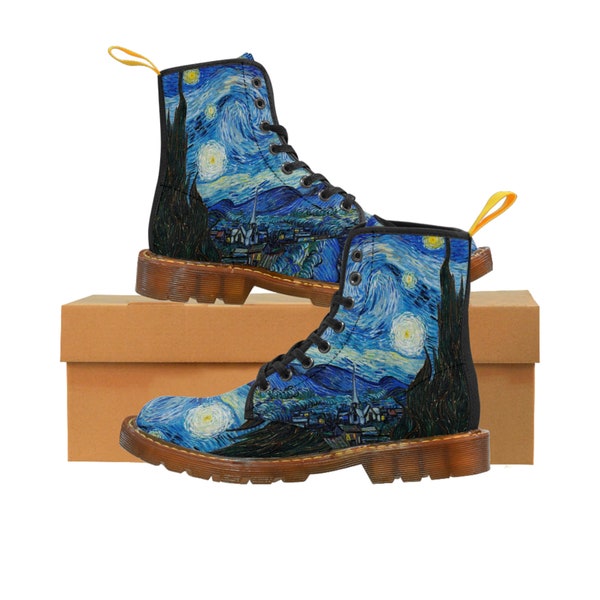 Botas de lona para mujer de la noche estrellada de Vincent Van Gogh, botas de lona para mujer de arte estético, botas de cuero veganas, botas de arte abstracto