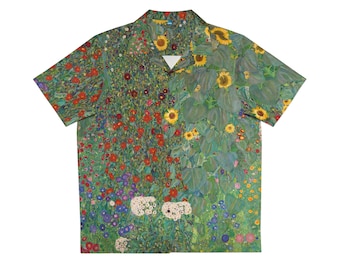 Gustav Klimt&#39;s Farm Garden with Sunflowers (1907) Men&#39;s Hawaiian Shirt (AOP),Fine Art Aesthetic Hawaiian Shirt