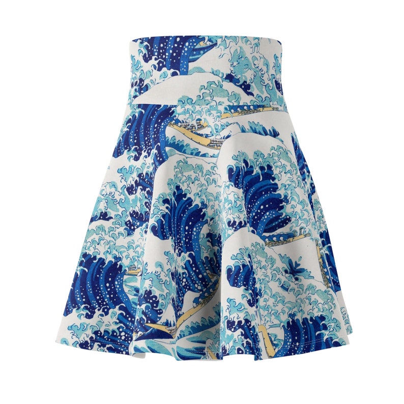 Hokusai's The Great Wave Remixed Pattern Women's Skater Skirt AOP, All Over Print Aesthetic Fine Art Skirt image 3