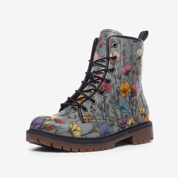 Retro Floral Unisex Boots,combat Vegan Leather Boots ,casual