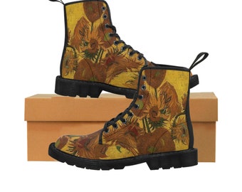 Van Gogh Vase with Fifteen Sunflowers Canvas Boots ,All over aesthetic Art Women's Canvas Boots ,Vegan Leather Boots