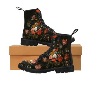 Zwarte canvas dameslaarzen met bloemen, esthetische damesschoenen