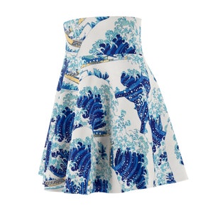 Hokusai's The Great Wave Remixed Pattern Women's Skater Skirt AOP,All Over Print Aesthetic Fine Art Skirt image 4