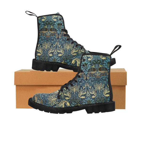 Peacock and Dragon Women's Canvas Boots de William Morris, All Over Print Aesthetic vintage Art Vegan Leather Boots