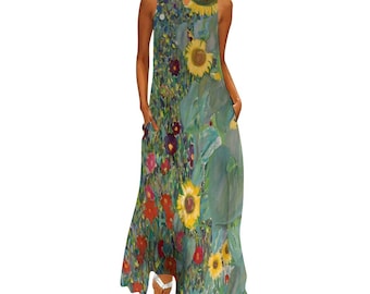 Gustav Klimt Garden with Sunflowers Long dress,Stylish Fine Art Dress ,Femminine Flowers Dress ,Vintage Colourful Dress