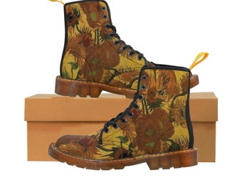 Van Gogh's Vase with Fifteen Sunflowers Boots ,All over aesthetic Art Women's Canvas Boots ,Combat boots vegan