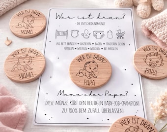 Wer ist dran Münze aus Holz – Mama oder Papa Entscheidung | Lustiges Baby Geschenk zur Geburt | Geschenk für frischgebackene Eltern