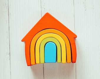 Waldorf Wooden House Colorful Natural Solid Wood 5 Piece Waldorf Educational Toy