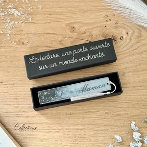 Reader box, silver and white first name bookmark - In resin - Handmade in France - Gift idea