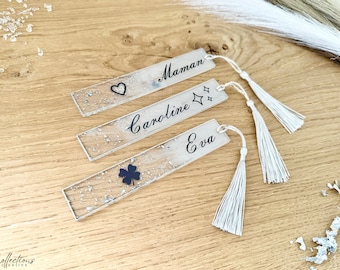 Silver and white first name bookmark - Resin - Handmade in France - Gift idea