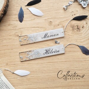Feather and silver first name bookmark - Resin - Handmade in France - Gift idea