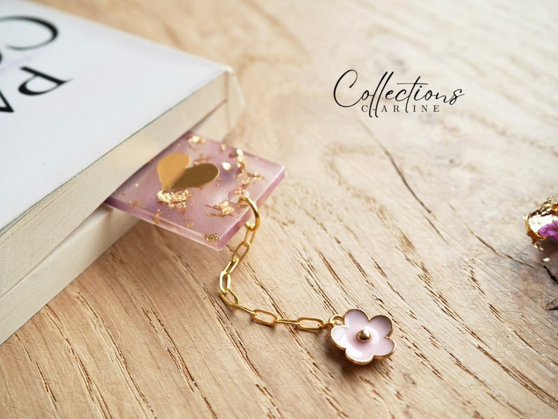Personalized flower bookmark in resin gold pink white purple green or blue. Gift idea image 7
