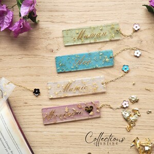 Personalized flower bookmark in resin gold pink white purple green or blue. Gift idea image 1