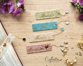 Personalized flower bookmark in resin gold pink white purple green or blue. Gift idea