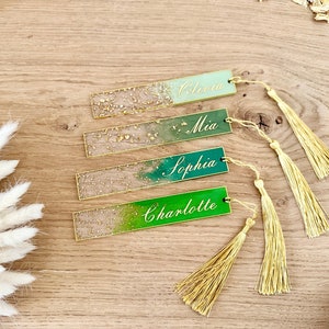 Gold and green first name bookmark - Resin - Handmade in France - Gift idea