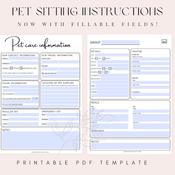 PET SITTING GUIDE  |  Fillable pdf fields |  Dog sitting template