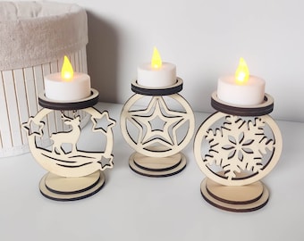 Wooden Tealight Holder Snowflake, Reindeer or Star Design | winter decoration | Candlestick gift idea