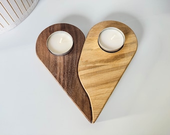 Tea light holder heart for 2 tea lights made of wood | Wooden decoration for candles made of solid wood | Oak and Nut Tealight Holder