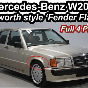 May include: A silver Mercedes-Benz W201 with Cosworth style plastic fender flares. The car has a black grille and a silver Mercedes-Benz emblem. The text "Full 4 Piece" is visible in the upper right corner of the image.