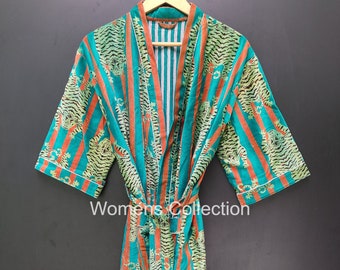 Peignoir kimono en velours de coton imprimé tigre, robes unisexes, robes de velours indiennes faites à la main, robes de spa, robe, femmes portent un kimono, cadeau pour elle