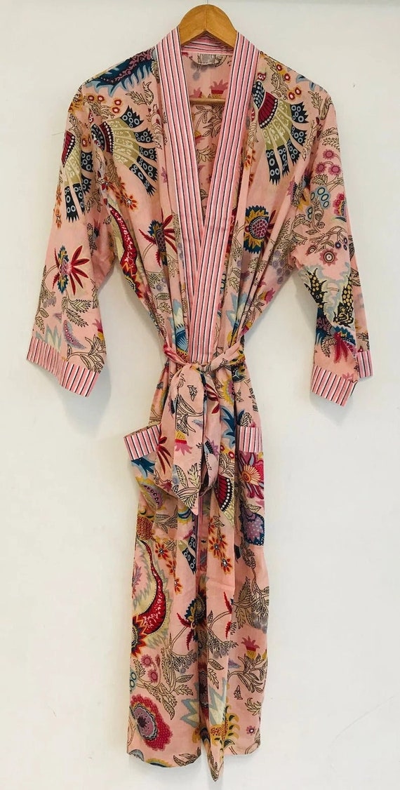 Cotton Kimono Robe Dressing Gown, Block Print Bridesmaid Robe, Summer Nightwear, One Size
