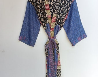 Indian Handmade Silk Saree Patchwork Kimono, Vintage Silk Robe, Silk Dressing Gowmn, Boho Robe, Rasgulla Silk Kimono, Party Wear, Swim Robe