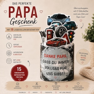 Puede incluir: Un juego de regalo con temática de carreras para el Día del Padre. El contenedor cilíndrico presenta un diseño de velocímetro y la frase "¡Gracias papá, por darnos siempre a tope!" Incluye recortes de coches y el texto "El regalo perfecto para papá".