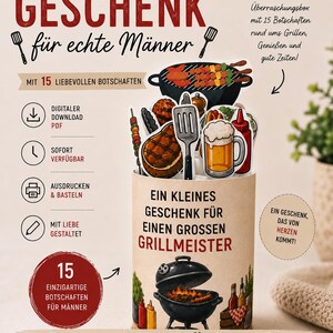 May include: A gift box with the text "The Perfect Gift for Real Men" in red. The box contains illustrations of grilling items, including a grill, beer, and various food items. The box also includes the text "15 Unique Messages for Men."