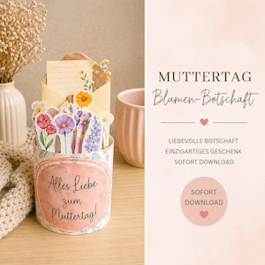 Könnte beinhalten: Ein floraler Muttertagskartenhalter mit dem Text "Alles Liebe zum Muttertag!" und einer Vielzahl farbenfroher Blumenausschnitte. Ein offener Umschlag mit liniertem Papier ist sichtbar. Der Hintergrund umfasst eine rosa Tasse und Text, der "MUTTERTAG Blumen-Botschaft" lautet.