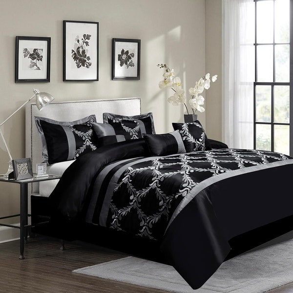 Comforter Set King-Faux Silk Fabric Embroidered-Breathable and Wrinkle Resistant-1 Comforter,2 Shams,3 Decorative Pillows,1 Bedskirt