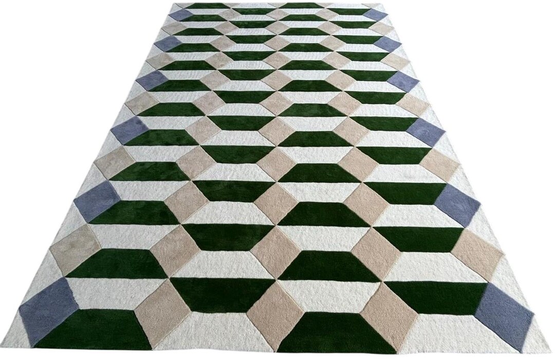 Emerald Green Tufted Rugs Faceted Tile Rug 5x8 6x9 8x10 9x12 Wool Rugs ...