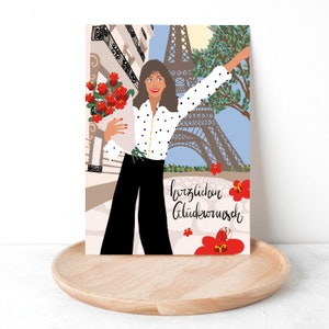 Karte Herzlichen Glückwunsch | Paris |  Eiffelturm | Blumenstrauß | Frühling | Geburtstag | Glückwunschkarte