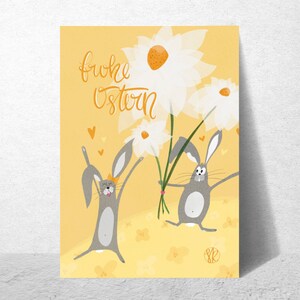 Osterkarte |  Frohe Ostern Karte |  Hasen mit Blumen | Osterhase Karte lustig gelb