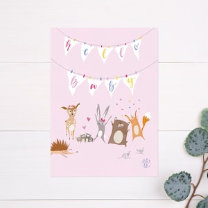 Karte Geburt Mächen | Hello Baby Karte | rosa Babykarte | Waldtiere Geburt | Babykarte zur Geburt