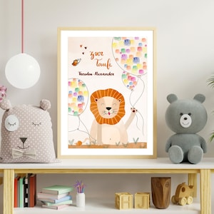 Taufe Fingerabdruck Poster Gäste | Taufgeschenk Patenkind personalisiert | A4 Löwe Ballons | Gästebuch Fingerabdrücke Daumen, Abdrücke Taufe