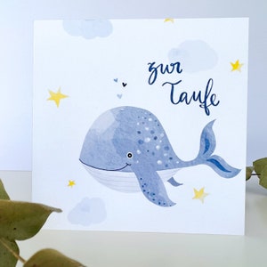 Taufkarte blauer Wal mit Herzen und Sternen | Karte zur Taufe | Wolken | Baby Wal