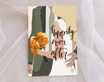 May include: Illustration of a couple embracing, with the bride holding a bouquet of orange and yellow flowers. The text "happily ever after" is written in cursive. The groom wears a green suit, and the bride wears a white dress.