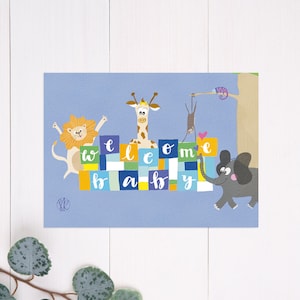 Karte zur Geburt | Welcome Baby | Babykarte | Safari Tiere | Giraffe | Löwe | Elefant | Affe | Chamäleon
