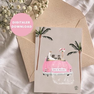 May include: A digital download wedding card featuring a pink convertible car with a newly married couple, palm trees, and the names "Julie & Alexander." The card is set against a neutral background with a pink envelope and flowers.