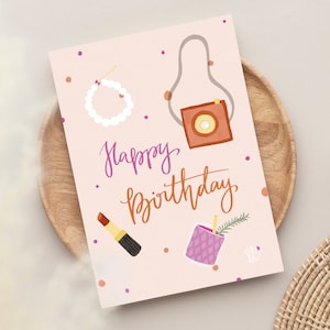 Geburtstagskarte Happy Birthday | Karte Geburtstag Mama | mädchenhafte Grußkarte mit coolen Illustrationen
