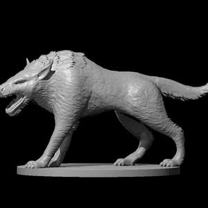 May include: A detailed, gray, 3D printed model of a snarling wolf with a textured fur design. The wolf is standing on a round base.