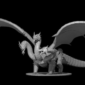 May include: A three-headed dragon figurine with wings outstretched. The dragon is gray and has a textured surface. The figurine is posed on a circular base.