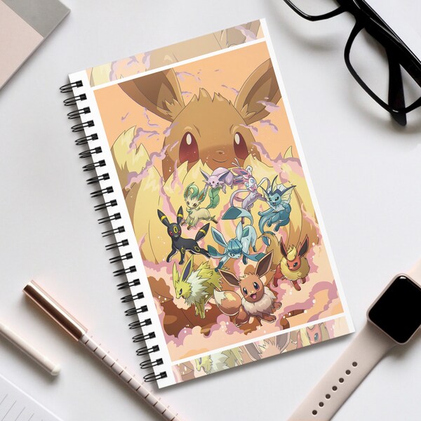 High-quality spiral notebook with cute Eevee Pokemon motif - different lines | great for Pokemon fans!