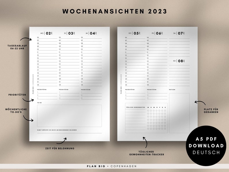 Filofax A5 Einlagen 2023 Pdf DOWNLOAD WOCHENPLANER Set 1 Woche 2 Seiten