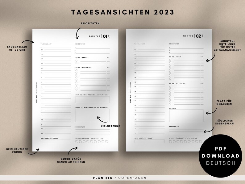 Filofax A5 Einlagen 2023 Pdf DOWNLOAD TAGESPLANER Set 1 Tag 1 Seite