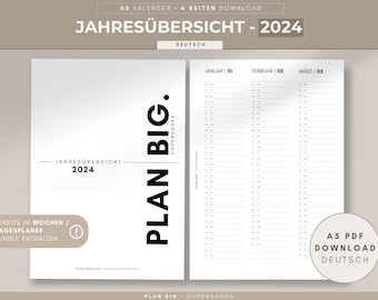 Filofax A5 Einlagen 2024 Pdf DOWNLOAD | JAHRESÜBERSICHT | 3 Monate 1 Seite | Kalendereinlagen 2024 A5 | Kalendereinlagen A5 | Filofax