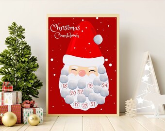 Santa Christmas Countdown! Cotton Ball Beard, Countdown to Christmas Printable, Kids Santa Claus Advent Calendar, Xmas Sign, Activity Poster