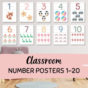 May include: Classroom number posters 1-10 with colourful illustrations of animals, objects, and food. The posters are printed on white paper with black lines and numbers.