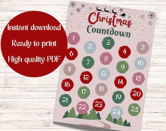 Christmas Countdown Calendar, Advent Calendar, Ready to Print Christmas Calendar, Digital, Modern Christmas, Printable Calendar